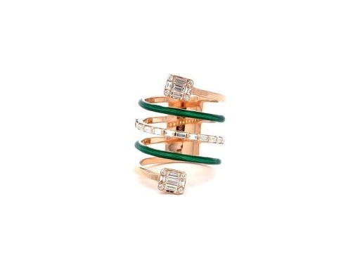 18K Rose Gold Spiral Ring with Natural Round and Baguette Diamonds and Green Enamel